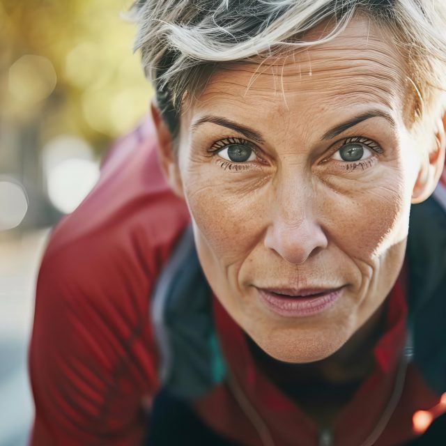 determined woman in her 40s at starting line to run